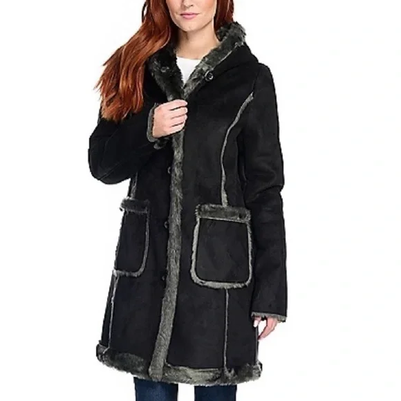 Donna Salyers' Fabulous-Furs Faux Suede & Faux Fur Trimmed Hooded - Picture 1 of 12